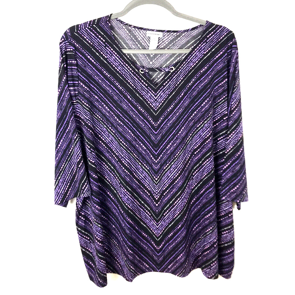Catherines 3/4 Sleeve Soft Smooth Stretchy Tunic Top Size 4X V Neck Black Purple